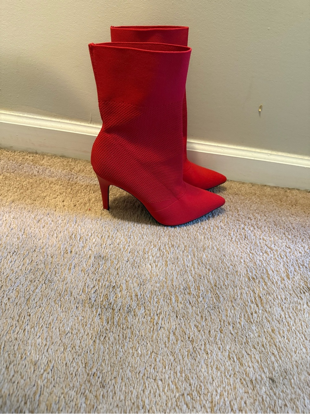 Red Pointed-Toe Stretch Sock Boots - Women's